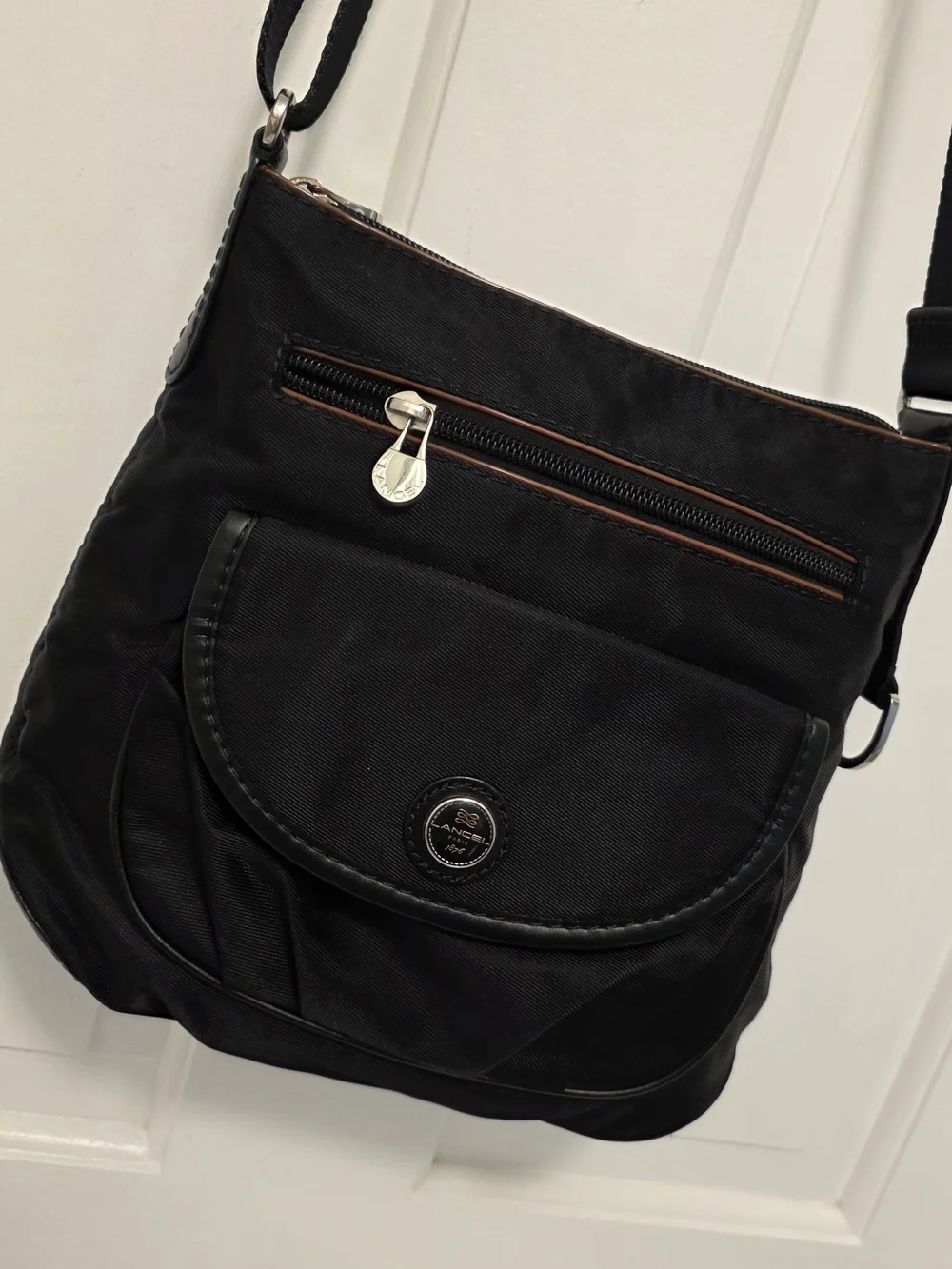 Lancel Paris Black Nylon Crossbody Bag with Front Flap & Zip Pockets Lightweight